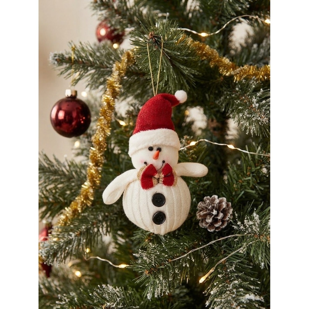 Plush Snowman Christmas Tree Ornament Red Santa Hat Ribbed Knit White Holiday
